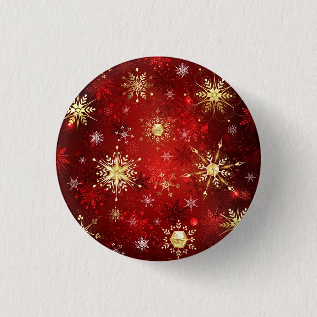 Badge Rond 2,50 Cm Noël Golden Snowflakes sur Arrière - plan rouge (Devant)