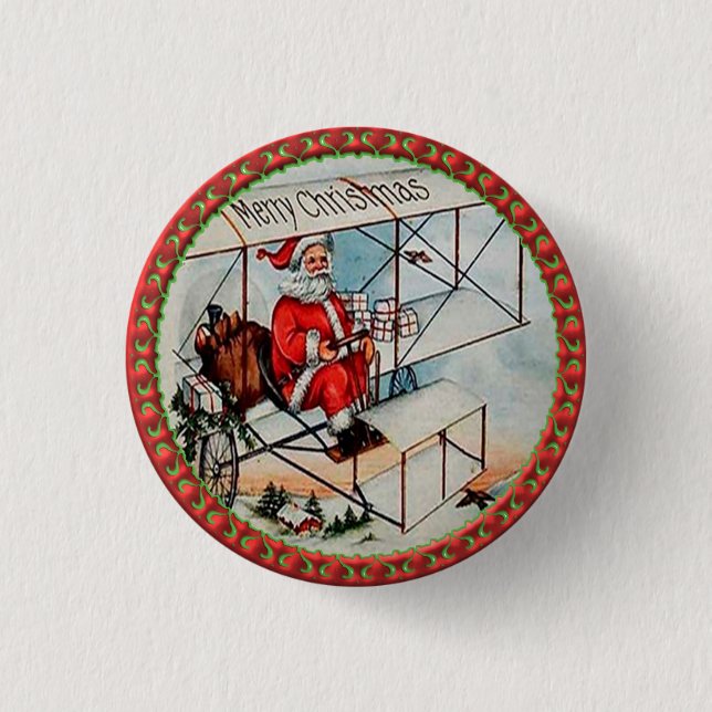 Badge Rond 2,50 Cm Noël Père Noël volant un vieil avion (Devant)