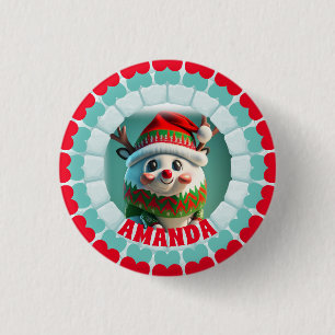 Badge Rond 2,50 Cm Noël Reindeer 3D Nom personnalisé Fête