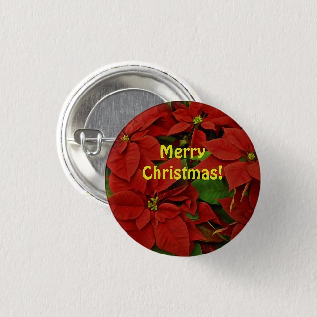 Badge Rond 2,50 Cm Noël traditionnel Peint Rouge Poinsettia (Devant & derrière)