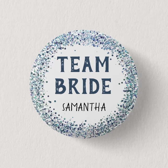 Badge Rond 2,50 Cm Nom de l'équipe de mariée Paillettes Bleu Paon (Devant)