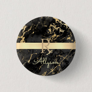 Badge Rond 2,50 Cm Nom et monogramme DIY, barre dorée, marbre noir et