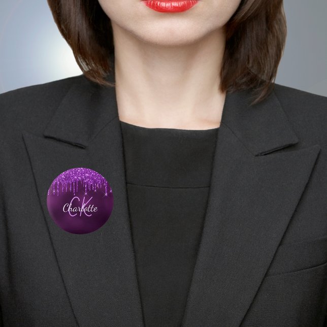 Badge Rond 2,50 Cm Nom monogramme avec gouttes de paillettes violette (Créateur téléchargé)