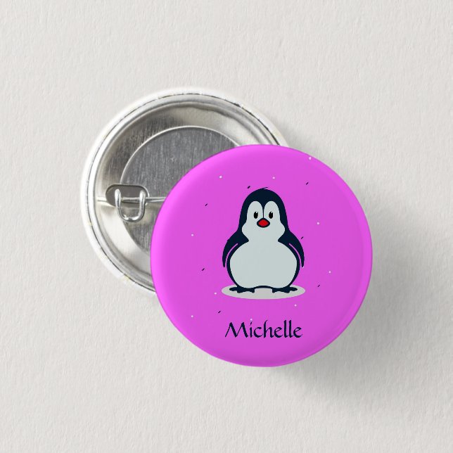 Badge Rond 2,50 Cm Nom personnalisé pingouin mignon sur rose (Devant & derrière)