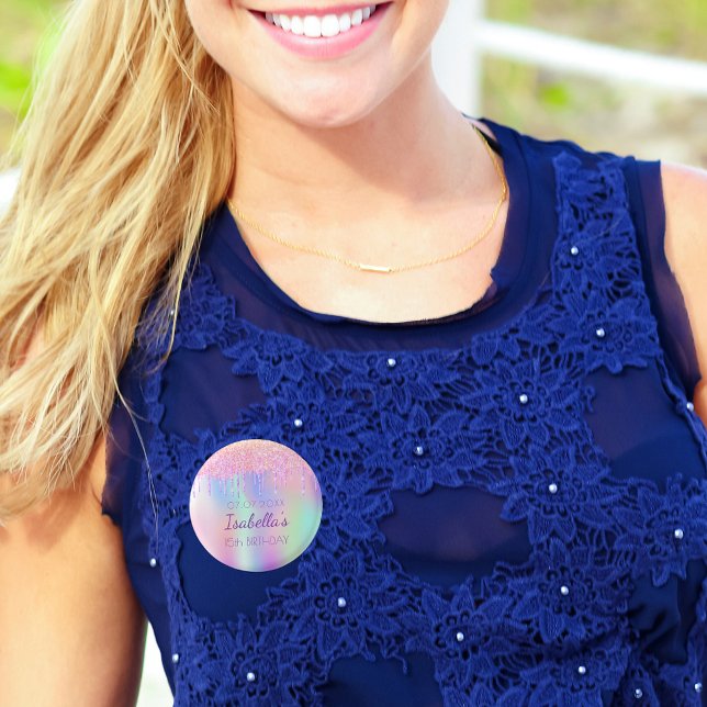 Badge Rond 2,50 Cm Nom rose parties scintillant arc-en-ciel monogramm (Créateur téléchargé)