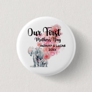 Badge Rond 2,50 Cm Notre Première Fête des Mères Maman et Eléphants B