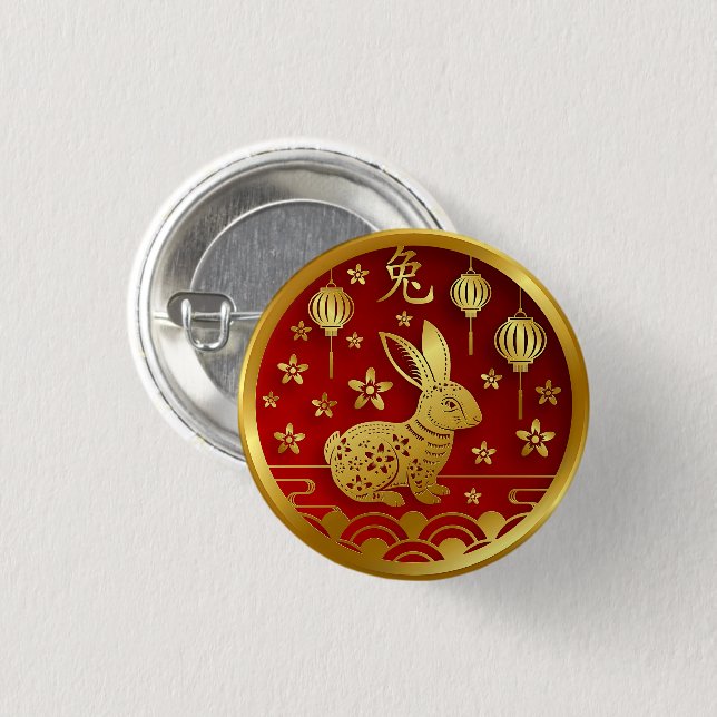 Badge Rond 2,50 Cm Nouvel An Chinois 2023 Rabbit Red Gold (Devant & derrière)