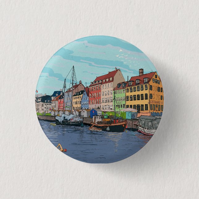 Badge Rond 2,50 Cm Nyhavn Copenhagen Danemark Illustration lunaire (Devant)