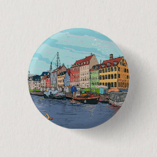 Badge Rond 2,50 Cm Nyhavn Copenhagen Danemark Illustration lunaire