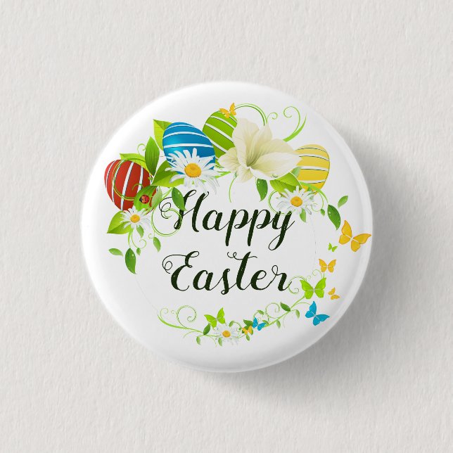 Badge Rond 2,50 Cm OEufs de Pâques Fleurs de printemps et mouches à p (Devant)