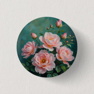 Badge Rond 2,50 Cm Œuvre d'art Pivoines Roses sur Fond Vert Émeraude