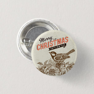 Badge Rond 2,50 Cm Oiseau de Noël Vintage et fleurs