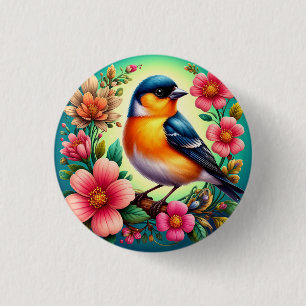 Badge Rond 2,50 Cm Oiseau perché parmi des fleurs colorées