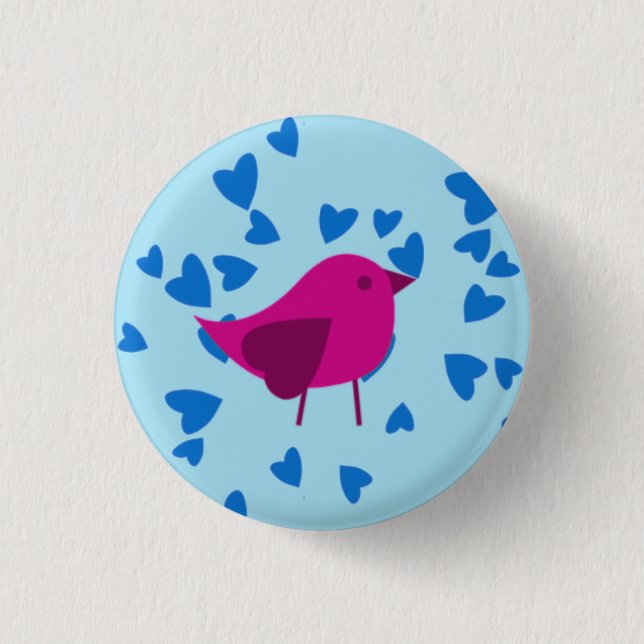 Badge Rond 2,50 Cm Oiseau rose avec les coeurs bleus (Devant)
