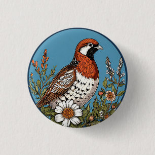 Badge Rond 2,50 Cm Oiseau vibrant entouré de fleurs sauvages colorées
