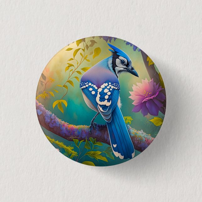 Badge Rond 2,50 Cm Oiseaux Fantastiques Geai Bleu (Devant)