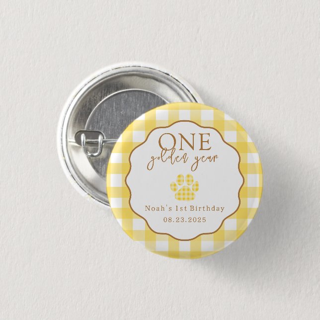 Badge Rond 2,50 Cm One Golden Year Paw Print First Birthday Party (Devant & derrière)