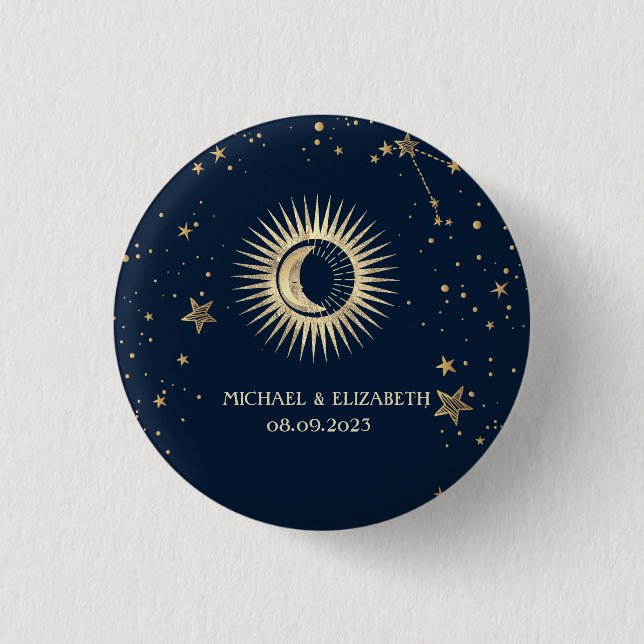 Badge Rond 2,50 Cm Or Céleste Soleil Et Lune Étoiles (Devant)