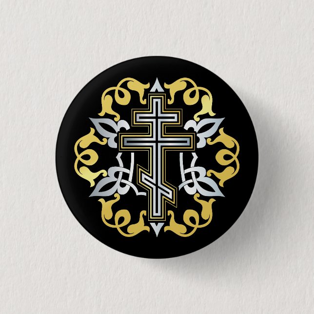 Badge Rond 2,50 Cm Or Croix Orthodoxe Avec Ornements (Devant)