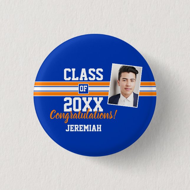 Badge Rond 2,50 Cm Orange and Blue Graduation Photo Félicitations (Devant)