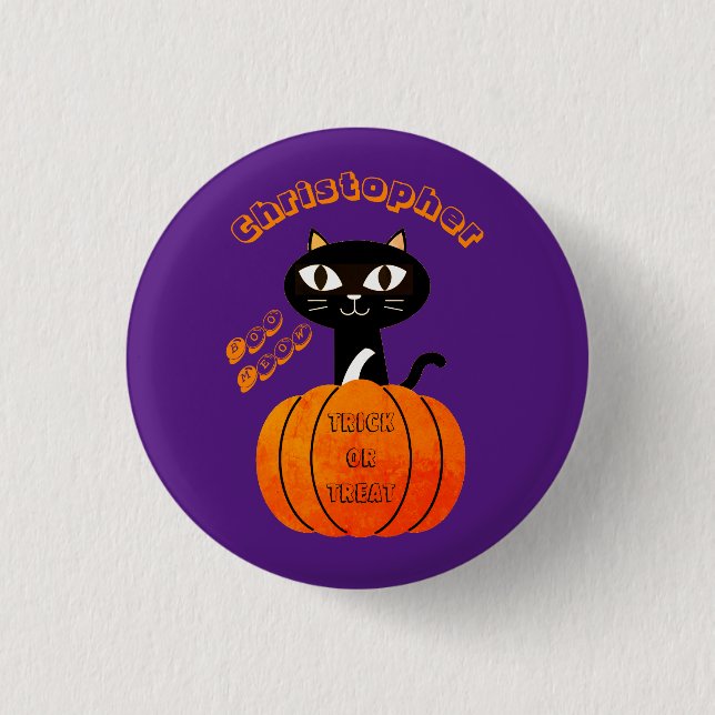Badge Rond 2,50 Cm Orange Purple Éffrayant Chat Citrouille fête Hallo (Devant)