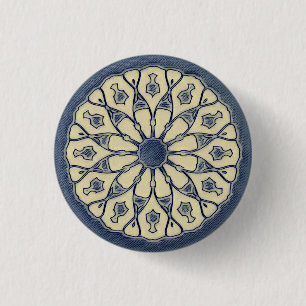 Badge Rond 2,50 Cm Ornement Mandala Radial Bleu-Beige Vintage