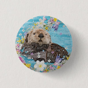 Badge Rond 2,50 Cm Otter Nager dans les fleurs