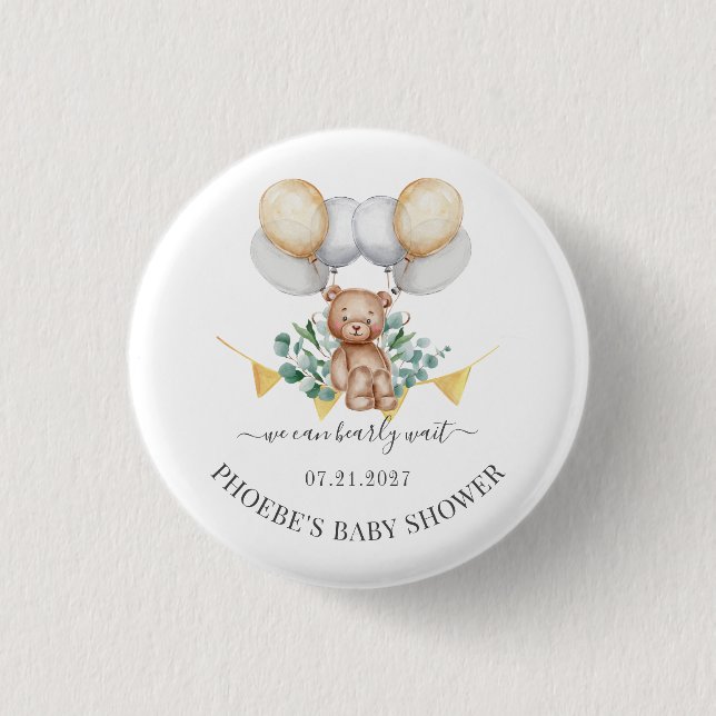 Badge Rond 2,50 Cm Ours de la Baby Shower Eucalyptus à peine attendre (Devant)