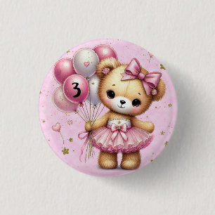 Badge Rond 2,50 Cm Ours en Ballerine Rose Ballon Pailleté Anniversair