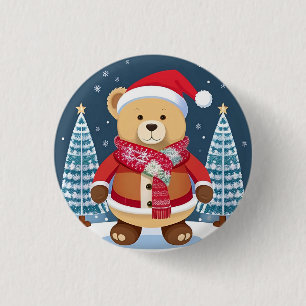 Badge Rond 2,50 Cm Ours en peluche festif avec chapeau de Père Noël