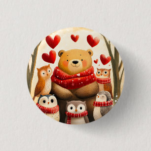 Badge Rond 2,50 Cm Ours et famille de hiboux cosy en forêt en hiver