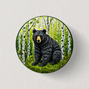 Badge Rond 2,50 Cm Ours noir dans une forêt de bouleaux