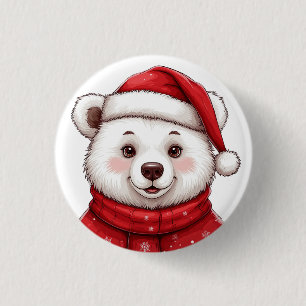 Badge Rond 2,50 Cm Ours polaire de Noël avec chapeau de Père Noël