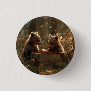 Badge Rond 2,50 Cm Oursons émouvants et pot de miel dans la forêt