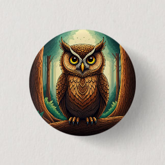 Badge Rond 2,50 Cm Owl perched on a tree log in a forest