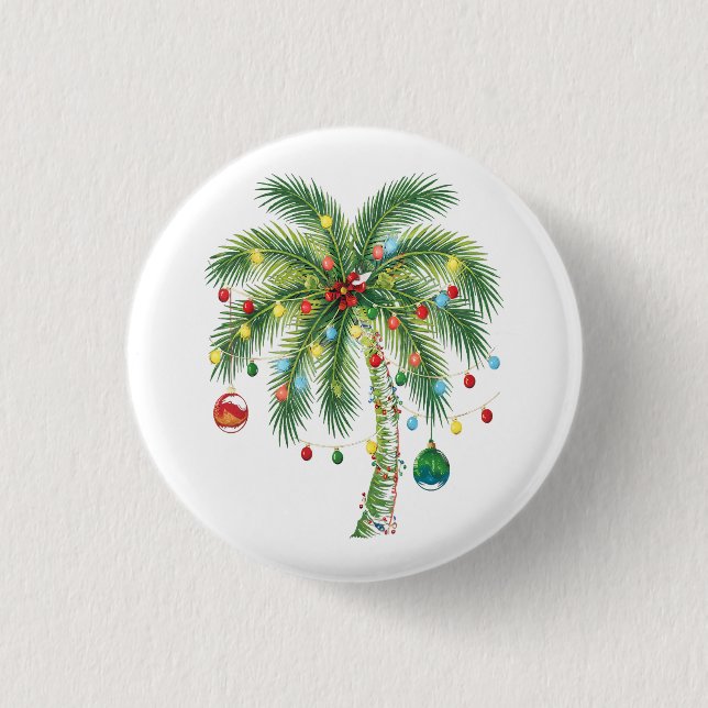 Badge Rond 2,50 Cm Palmier de Noël tropical avec lumières et ornam (Devant)