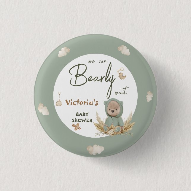 Badge Rond 2,50 Cm Pampas Teddy Bear Baby shower Vert Favoriser (Devant)