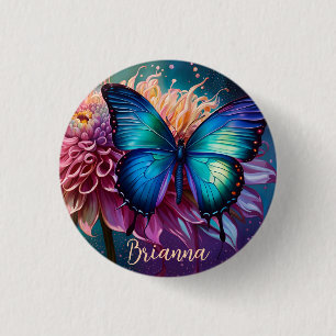 Badge Rond 2,50 Cm Papillon bleu et Dahlia