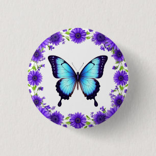 Badge Rond 2,50 Cm Papillon Bleu Fleurs de Printemps Jardin Fleurs Vi
