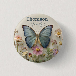 Badge Rond 2,50 Cm Papillon Bleu Vintage Floral Jardin Famille