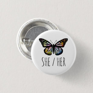 Badge Rond 2,50 Cm Papillon d'aquarelle SHE/HER Pronounounounounounou