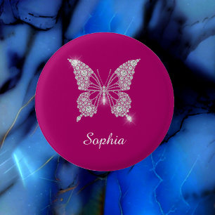 Badge Rond 2,50 Cm Papillon Diamant Blanc, Nom du script, Fuchsia pro