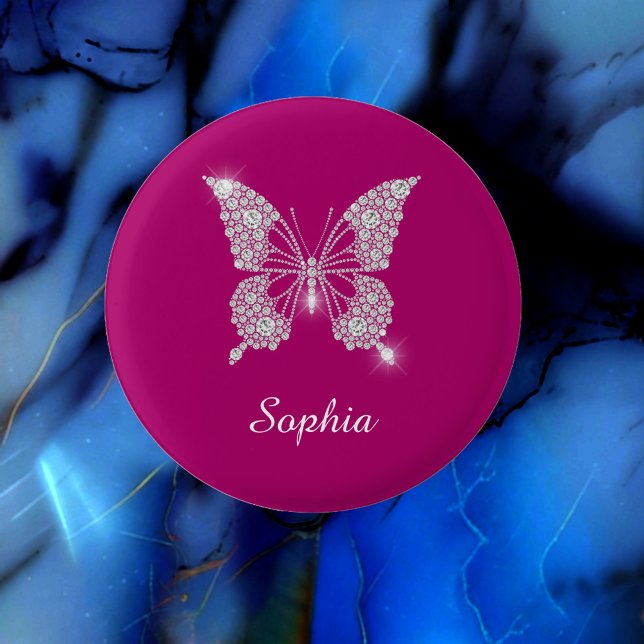 Badge Rond 2,50 Cm Papillon Diamant Blanc, Nom du script, Fuchsia pro (Créateur téléchargé)