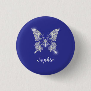 Badge Rond 2,50 Cm Papillon Diamant Blanc, Nom en écriture, Bleu Prof