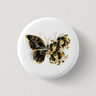 Badge Rond 2,50 Cm Papillon fleur d'or avec orchidée noire
