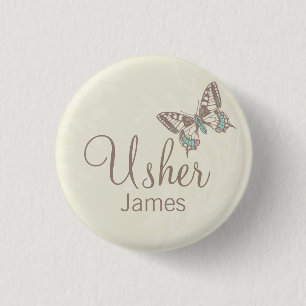 Badge Rond 2,50 Cm Papillons Usher nommé crème mariage pin / bouton