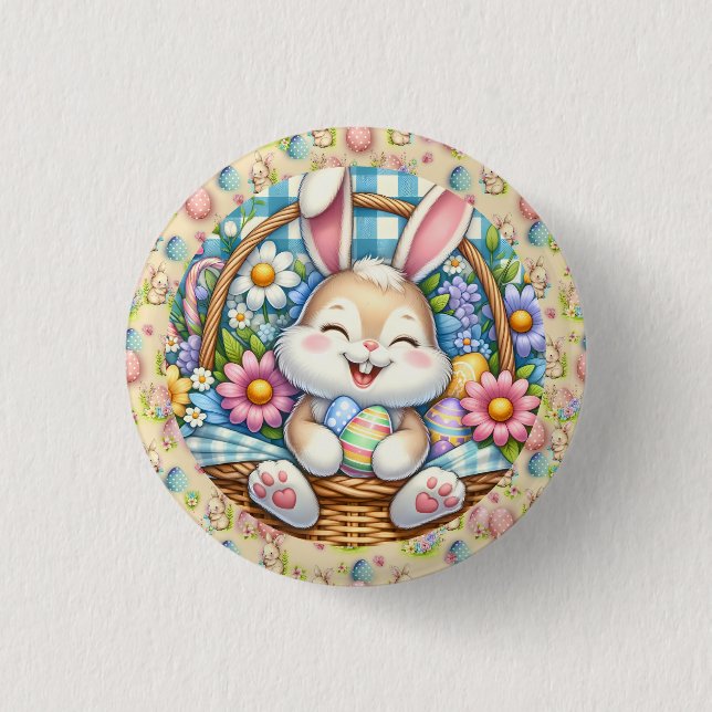 Badge Rond 2,50 Cm Pâques joyeuses avec du lapin mignon, des oeufs et (Devant)