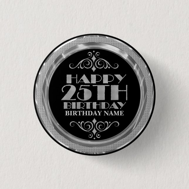 Badge Rond 2,50 Cm Parties scintillant d'argent glamour Joyeux 25e an (Devant)