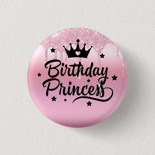 Badge Rond 2,50 Cm Parties scintillant rose "Princesse d'anniversaire (Devant)