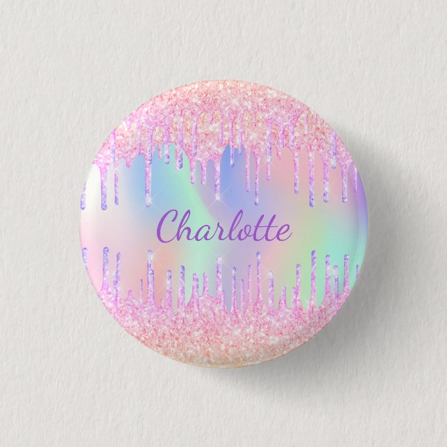 Badge Rond 2,50 Cm Parties scintillant rose violet gouttes nom hologr (Devant)